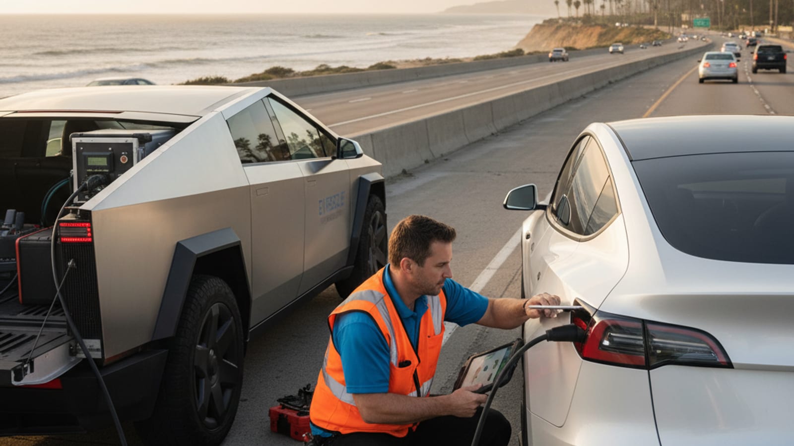 A Tesla Model 3 stranded on the side of I-5 near La Jolla, with a Charge Pro SD Cybertruck approaching to provide mobile charging.