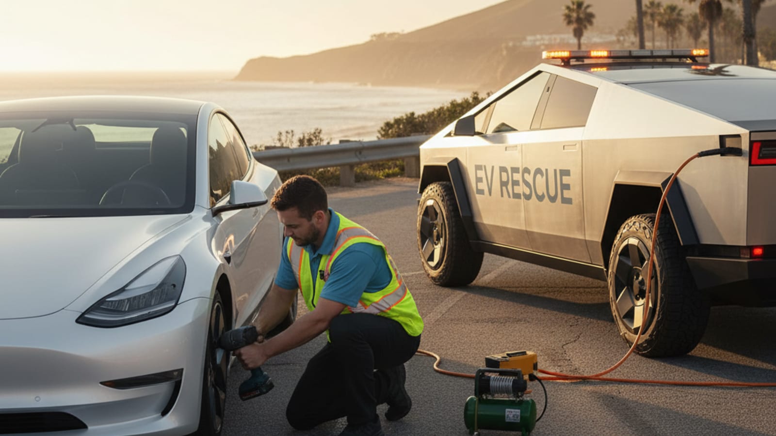 A flat tire on a Tesla Model 3 on the shoulder of a San Diego freeway, with a mobile EV rescue vehicle approaching.