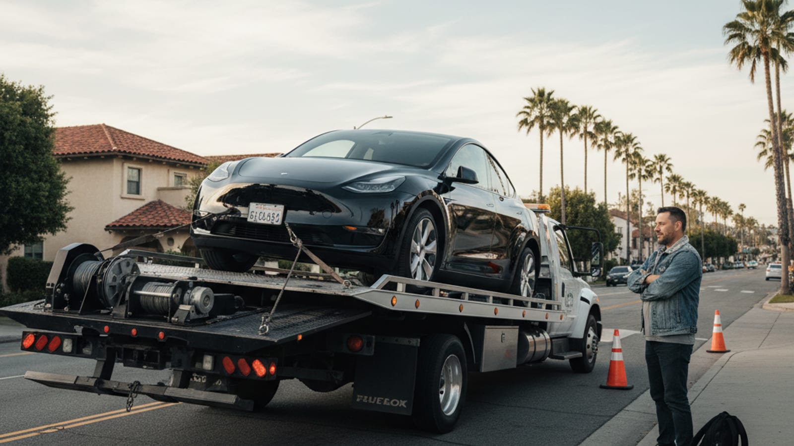 A Tesla Model Y being loaded onto a flatbed tow truck on a San Diego street with the driver watching from the curb