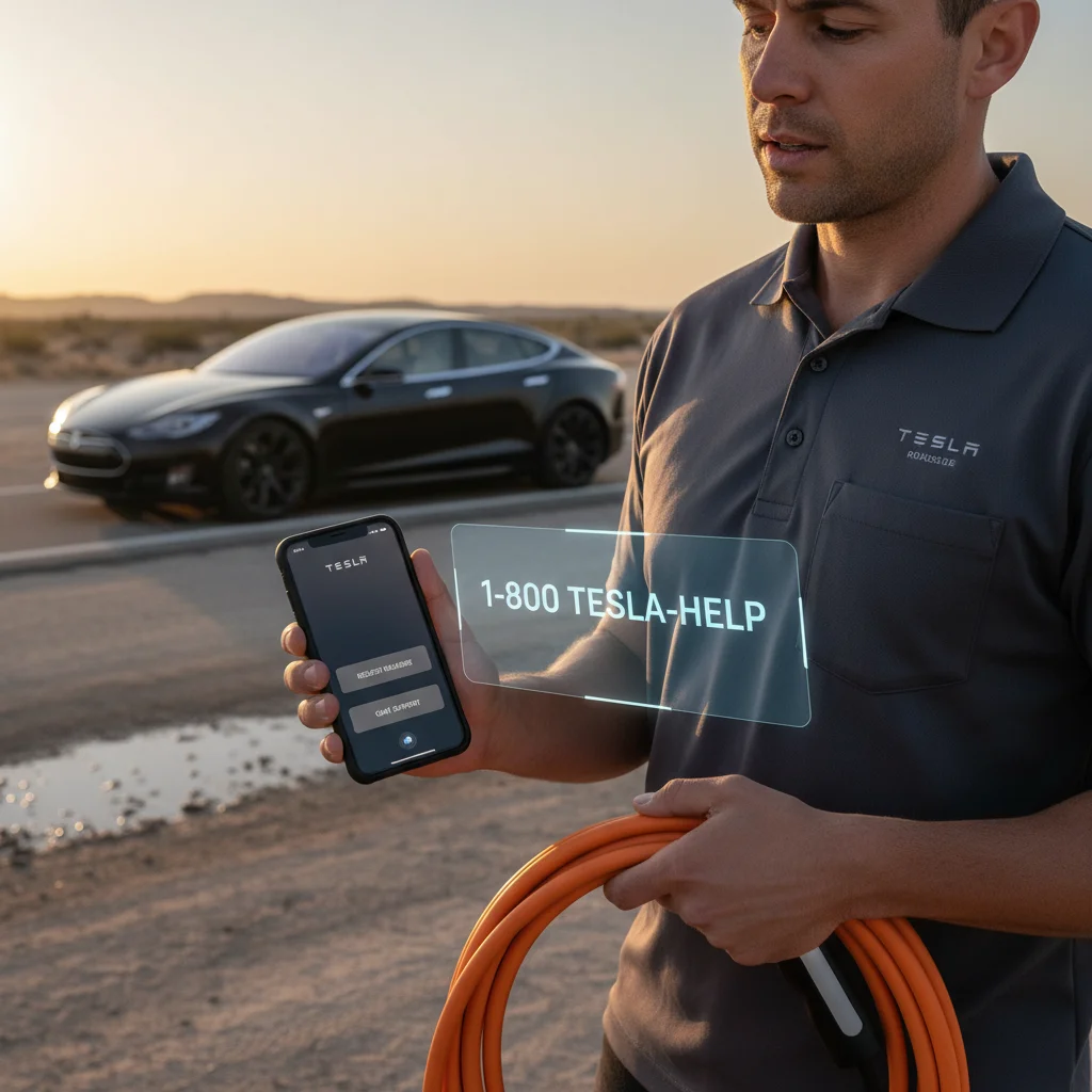 Split frame showing phone call screen on one side and Tesla app roadside menu on the other, photorealistic phone mockup