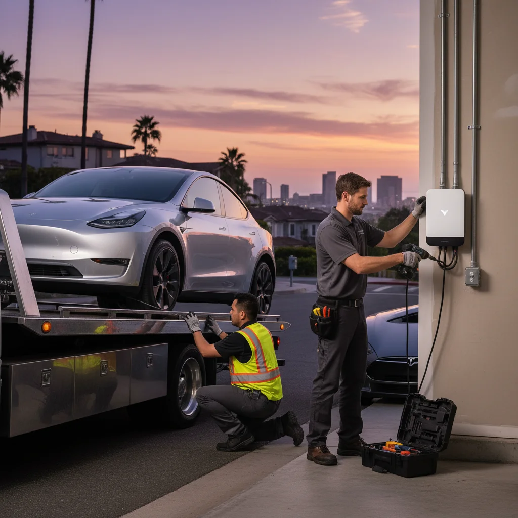 A flatbed tow truck carefully winching a Tesla Model Y on at dusk in San Diego.