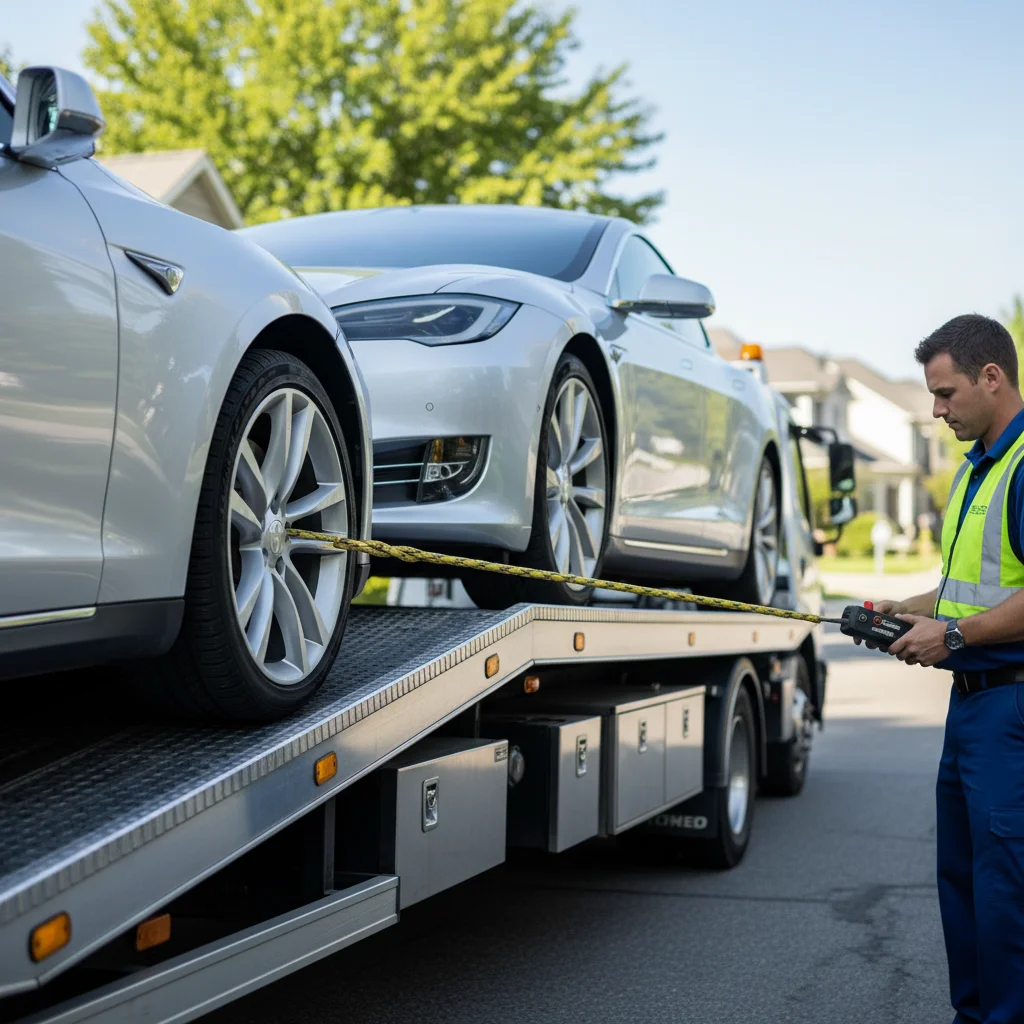 Close-up of a Tesla's wheel correctly positioned for flatbed towing.