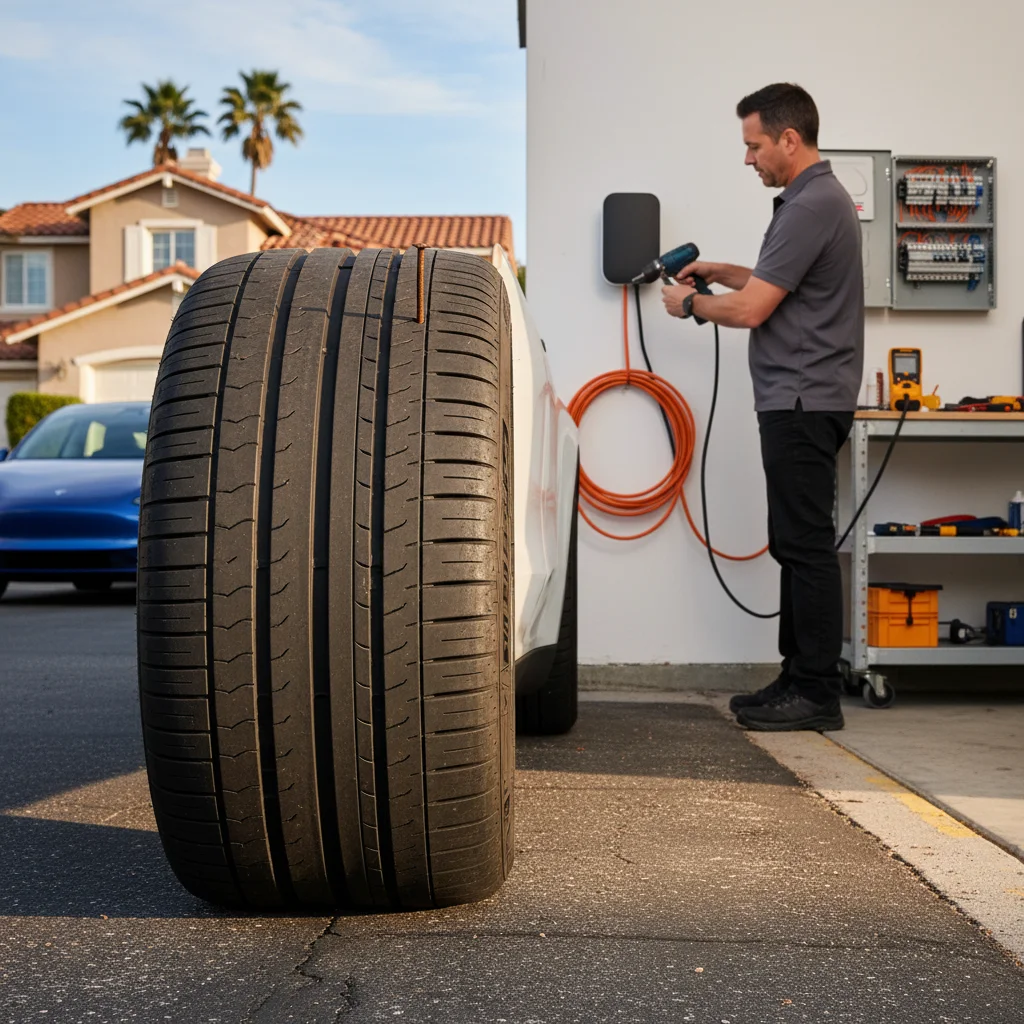 Close-up of a Tesla Model Y tire with a nail puncture on a San Diego street