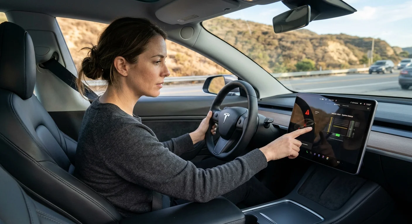 Tesla driver parked safely while reading a dashboard warning on the center screen