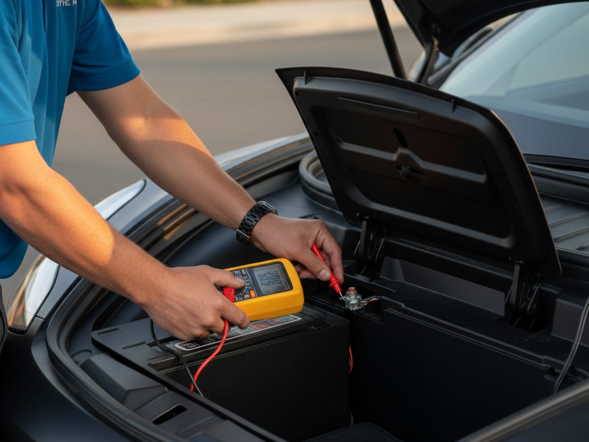 A Charge Pro SD technician using a multimeter to measure voltage at the Tesla 12V post in the frunk with the frunk open and inspection tools nearby