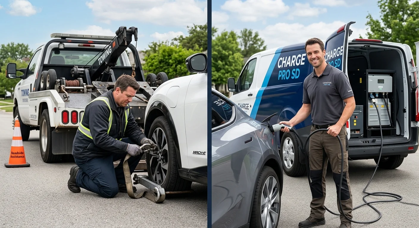A split image: On the left, a standard tow truck preparing to hook up an EV. On the right, a Charge Pro SD vehicle providing a mobile charge. The Charge Pro side looks faster and less stressful.