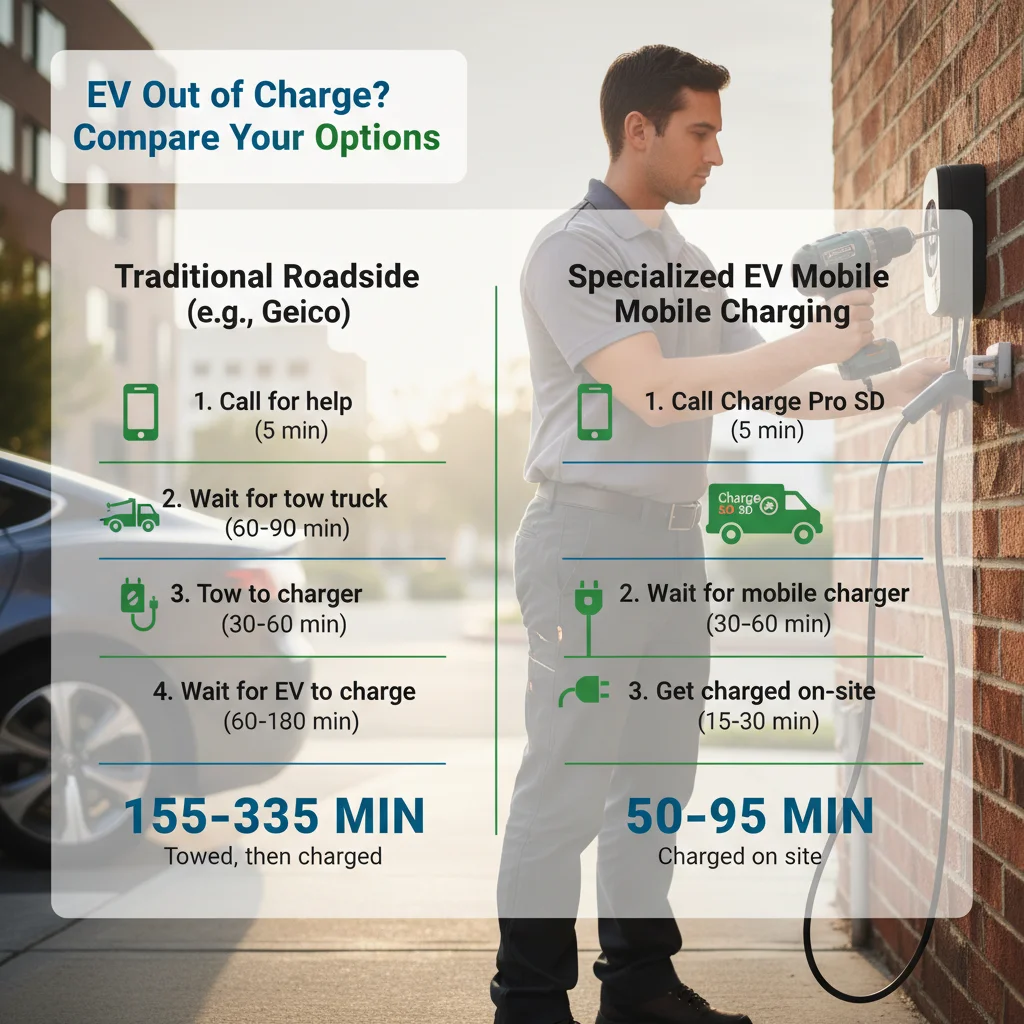 Infographic comparing Geico's tow-to-charger process with Charge Pro SD's direct mobile charging for EVs, highlighting steps, wait times, and convenience.