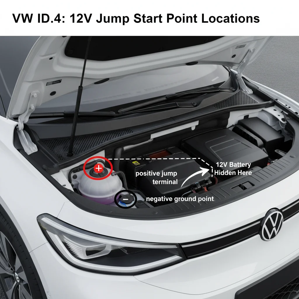 Diagram showing the location of the 12V battery jump start terminals under the hood of a VW ID.4.