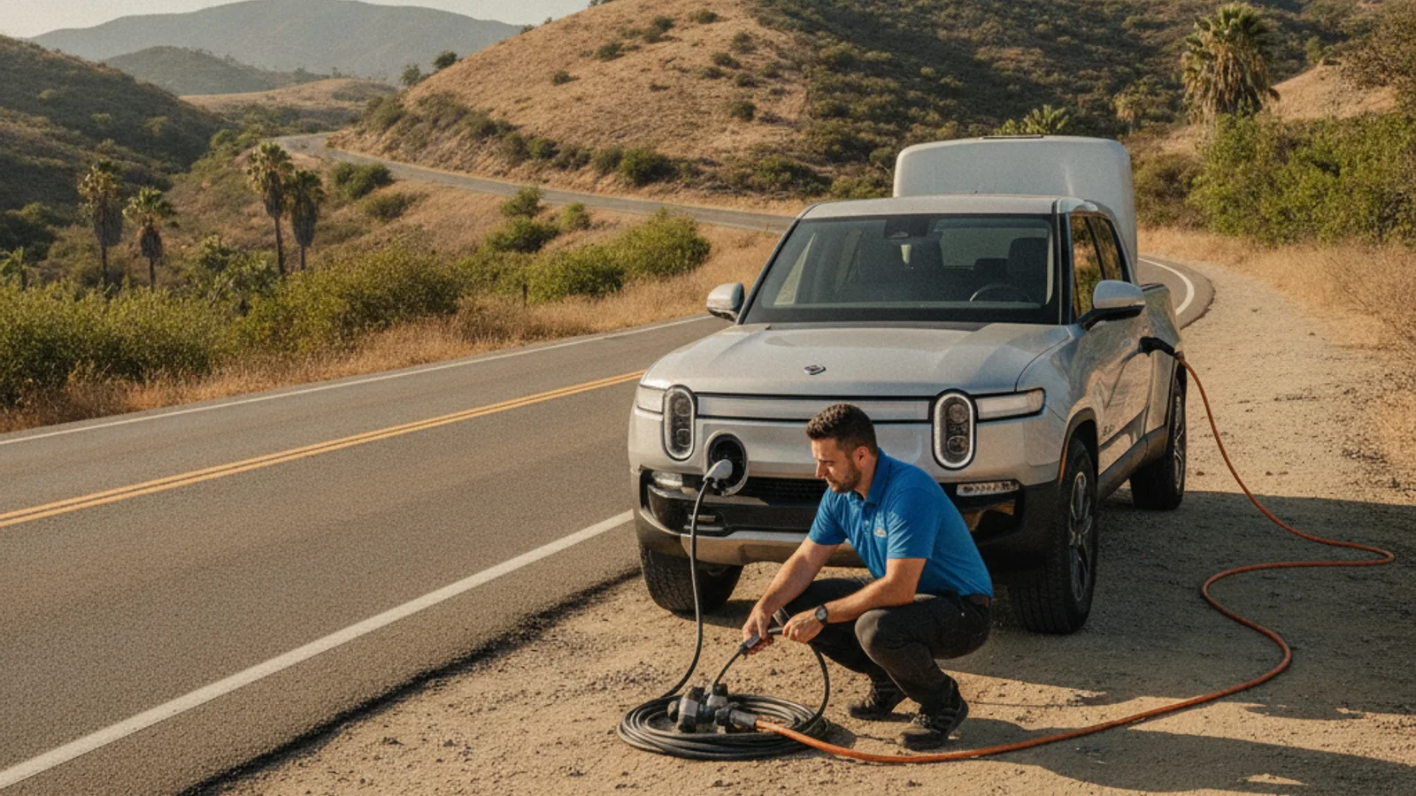 A Rivian parked at a charging location while the driver checks the charge port before plugging in