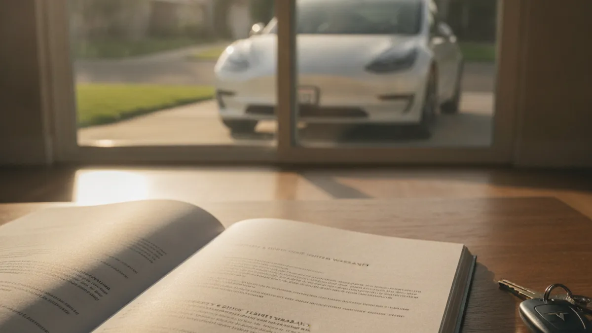 A close-up of a Tesla owner's manual open to the battery and drive unit warranty page, next to a Model 3 parked in a driveway.