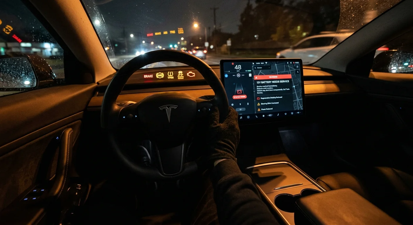 A dramatic shot of a Tesla dashboard with multiple warning lights and an error message reading '12V Battery Needs Service'.