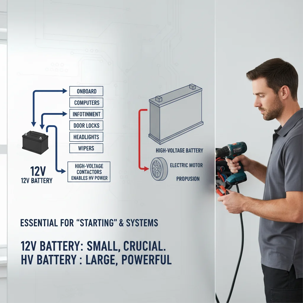 An infographic explaining how an EV's 12V battery powers essential vehicle functions like computers, door locks, and contactors, distinct from the high-voltage battery powering the motor.
