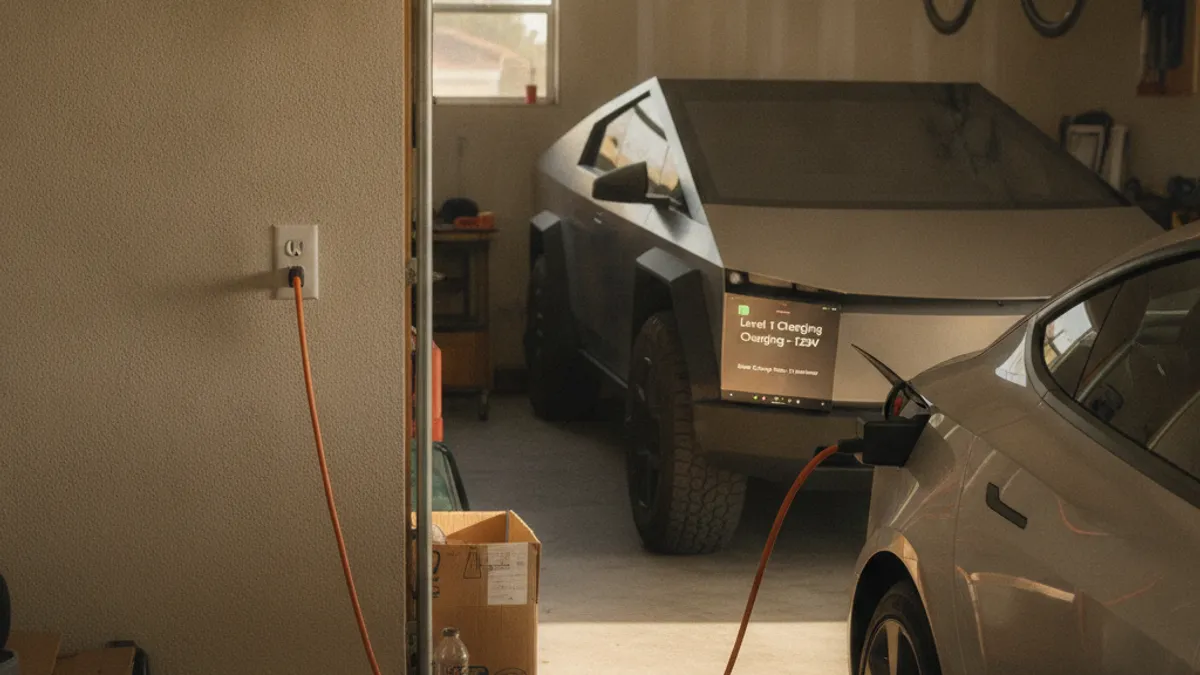 An EV charging cable plugged into a standard household wall outlet in a San Diego garage, with the car's dashboard showing a slow charging rate.