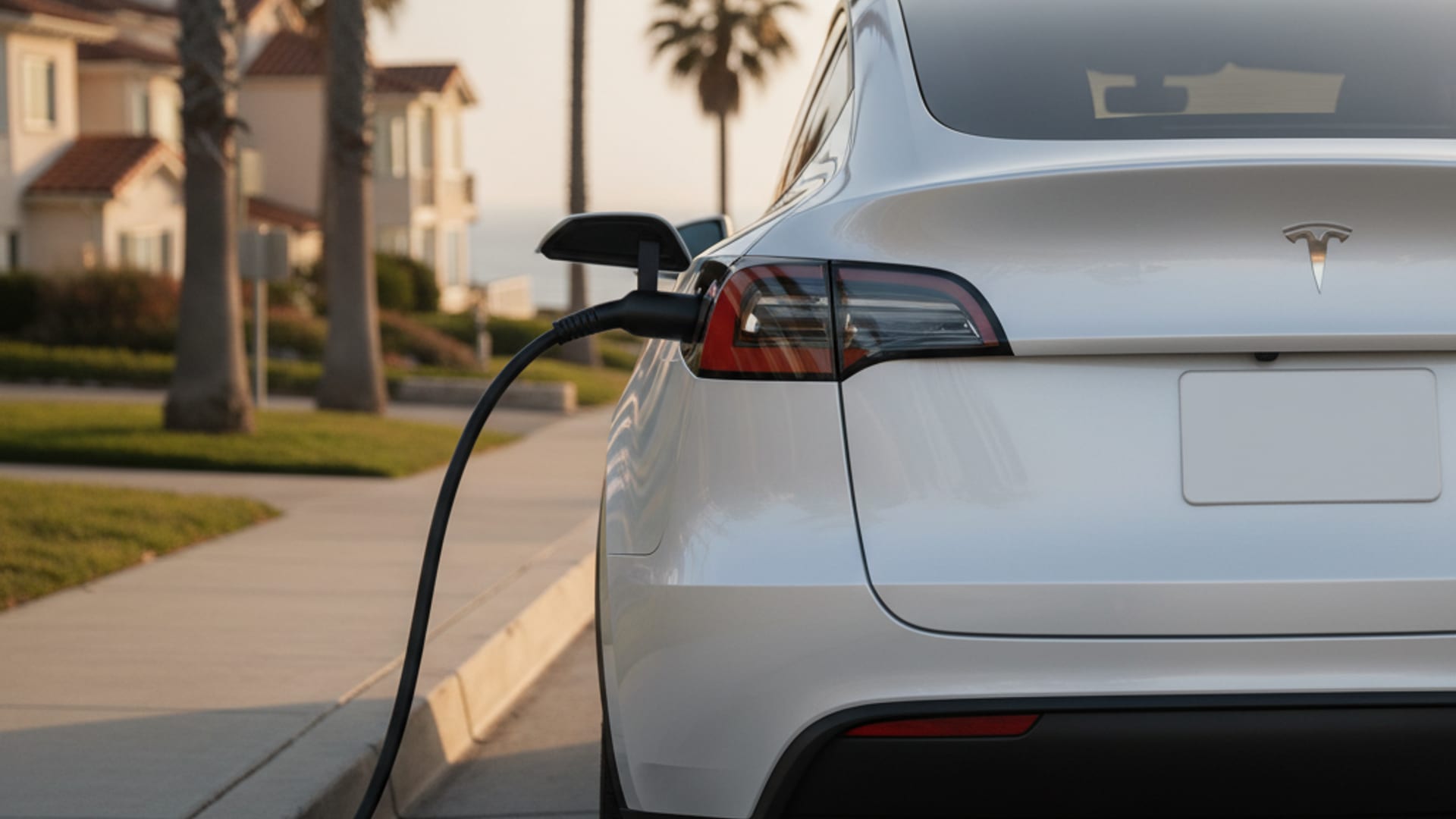 Charge Pro SD technician in electric-blue polo connecting a NACS charging cable to a stranded Tesla Model Y on a San Diego street at golden hour