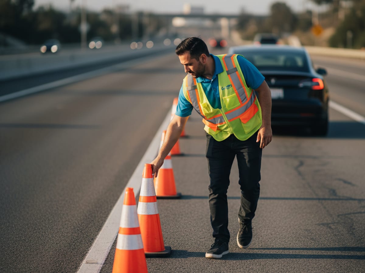 Charge Pro SD technician in an electric-blue polo deploying orange safety cones on a San Diego freeway shoulder beside a stranded Tesla