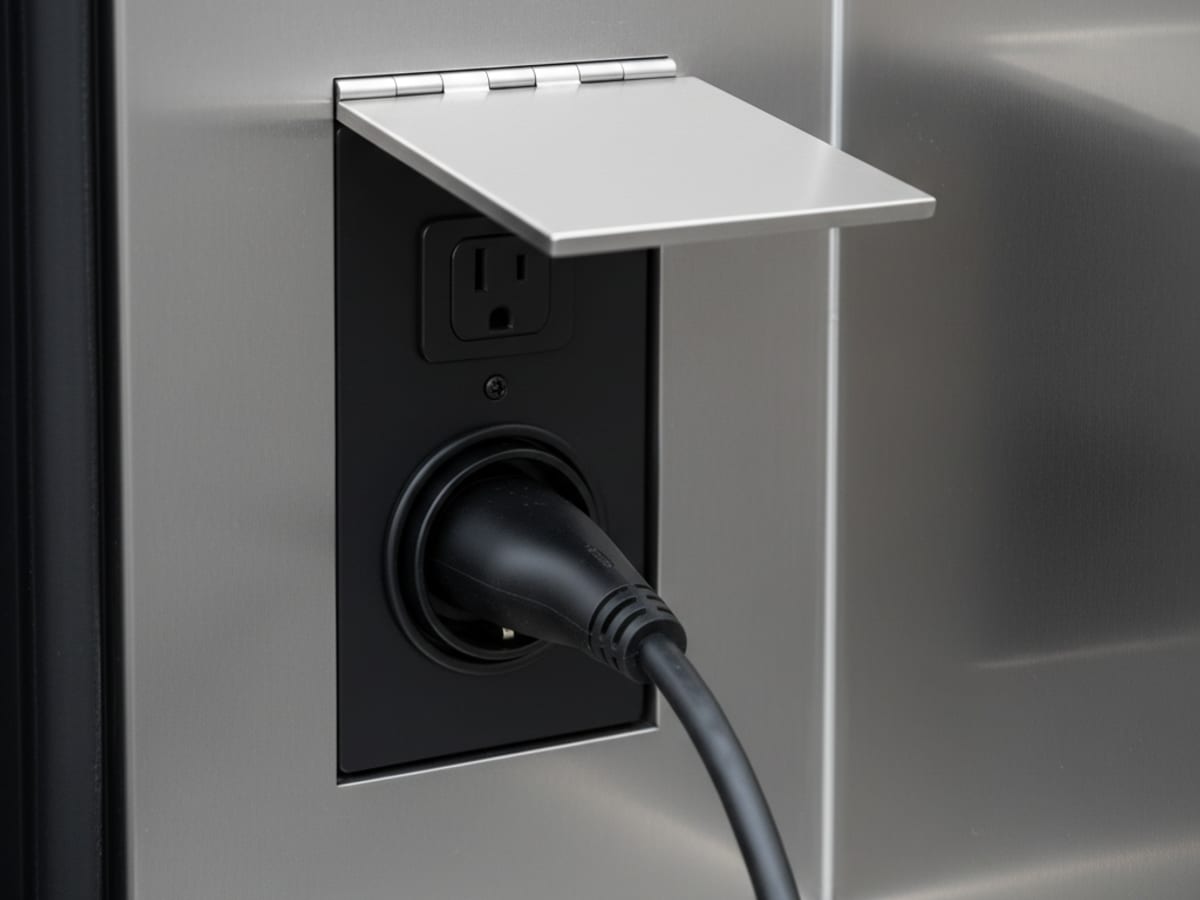 NACS charging cable plugged into the 240V NEMA 14-50 outlet on the inner rear-driver-side bed wall of a Cybertruck, cable routed out of frame toward a Tesla