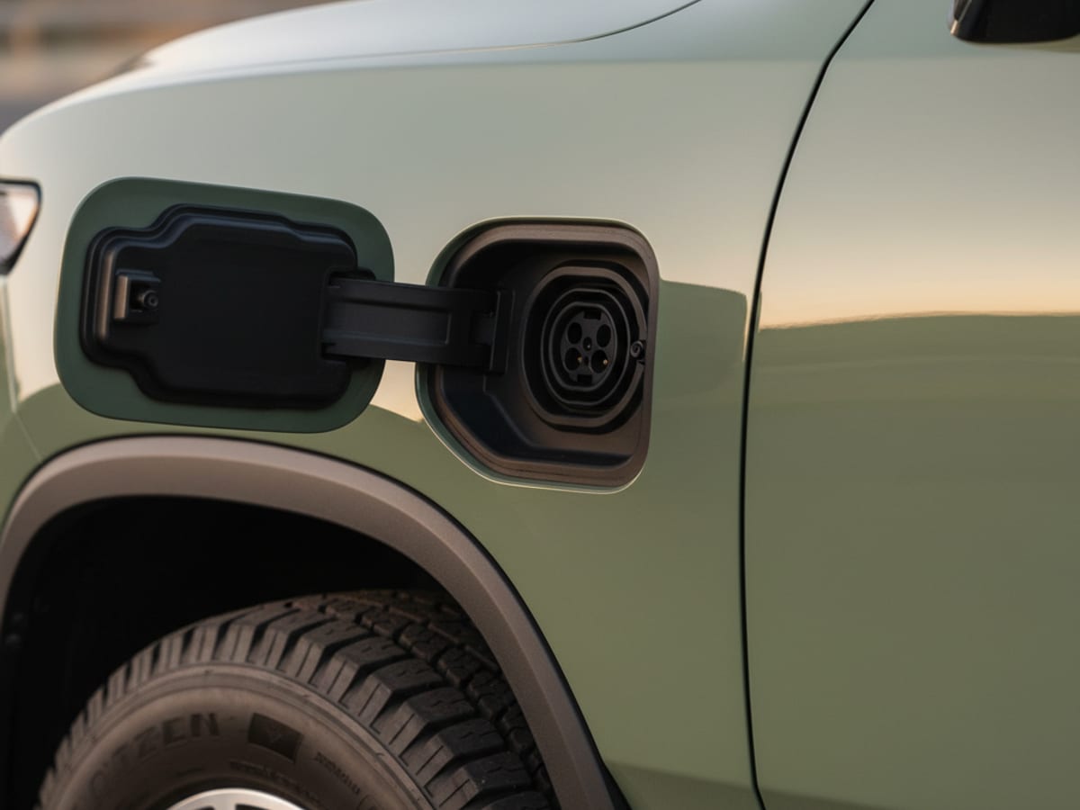 Charge Pro SD technician connecting a CCS adapter on a NACS charging cable to a stranded Rivian R1T charge port